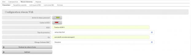 Wi-Fi : param&egrave;tres du r&eacute;seau personnel