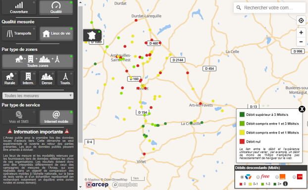 Carte mon r&eacute;seau mobile avec mesures des collectivit&eacute;s