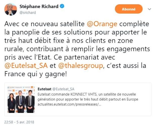 St&eacute;phane Richard sur l'accord Orange Eutelsat pour TDH par satellite