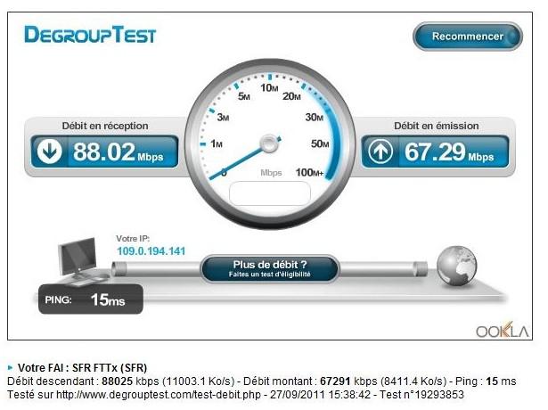 Test de d&eacute;bit d'une connexion en fibre optique chez SFR